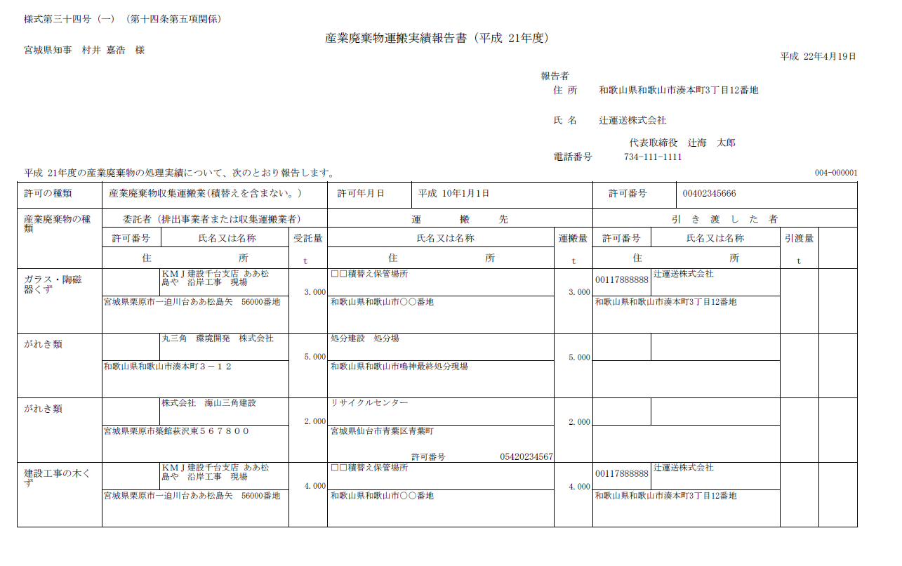 産業廃棄物運搬実績報告書のテンプレート